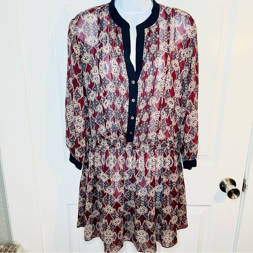 Club Monaco Sheer Silk Micro Pleat Front Drop Waist Dress Maroon Navy 4